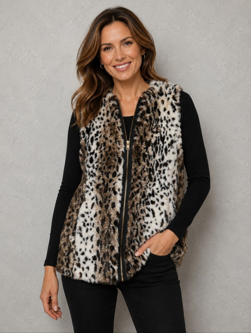 Marc New York Leopard-Print Faux Fur Vest in Brown and White